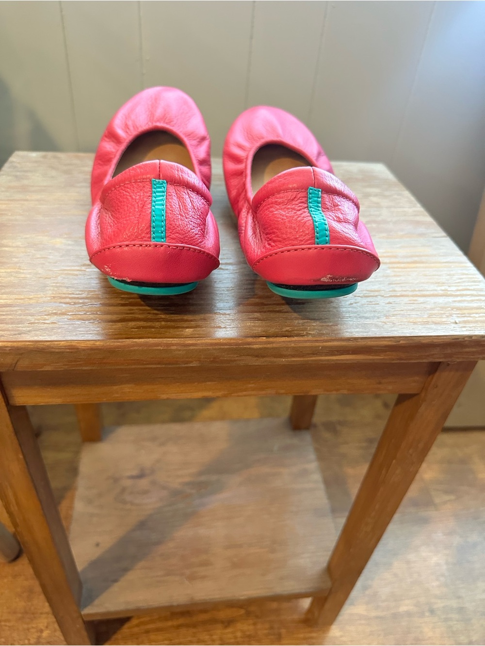 Tieks Fuchsia Leather Ballet Flats with Teal Heel Tab - Picture 2 of 5